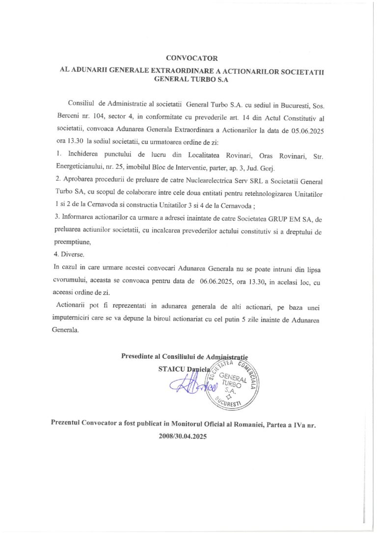 CONVOCATOR AL ADUNĂRII GENERALE EXTRAORDINARE A ACȚIONARILOR SOCIETĂȚII GENERAL TURBO S.A