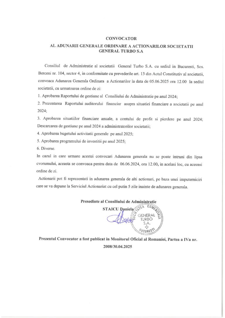 CONVOCATOR AL ADUNĂRII GENERALE ORDINARE A ACȚIONARILOR SOCIETĂȚII GENERAL TURBO S.A