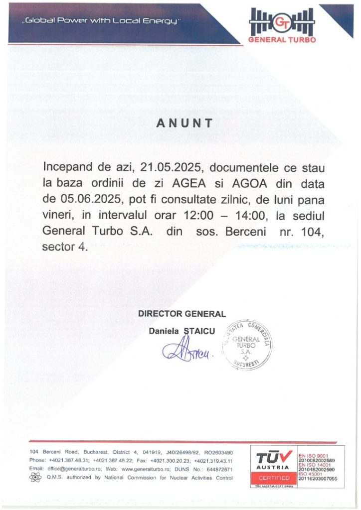 Anunt General Turbo 21.05.2025 - documentele ce stau la baza ordinii de zi AGEA si AGOA din data de 05.06.2025 2 Anunt General Turbo 20.05.2025